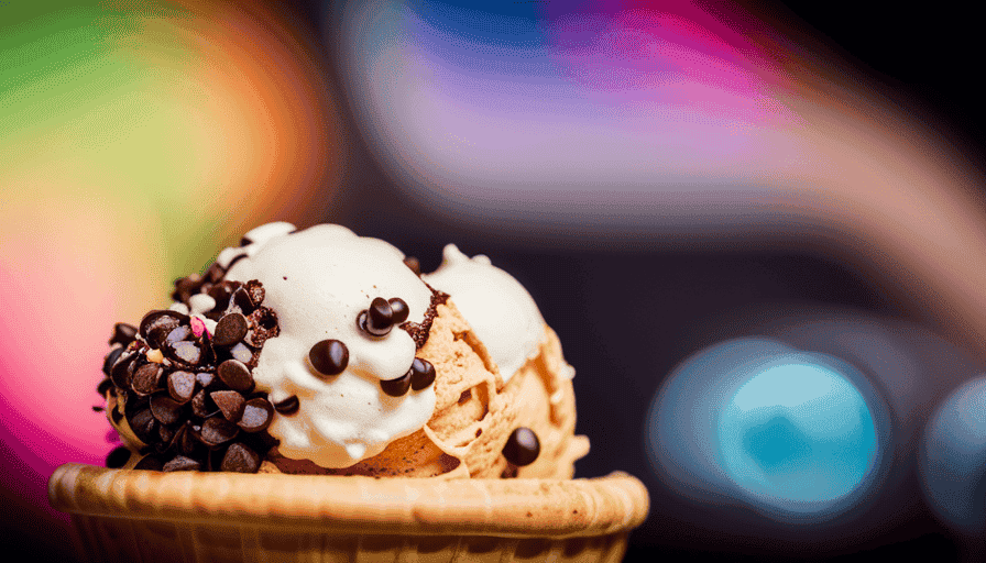 -up of a scoop of ice cream overflowing from a cone, with a bright color palette and generous layers of sprinkles and chocolate chips