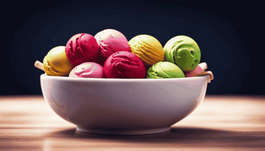 Overflowing with scoops of different bright colors of ice cream, shaped into the shape of a chicken