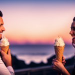 E sharing an ice cream cone, smiling and laughing, against a pastel sunset