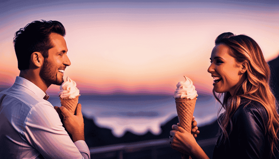 E sharing an ice cream cone, smiling and laughing, against a pastel sunset