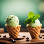  of pastel green ice cream atop a waffle cone, sprinkled with mint chips and topped with a sprig of fresh mint