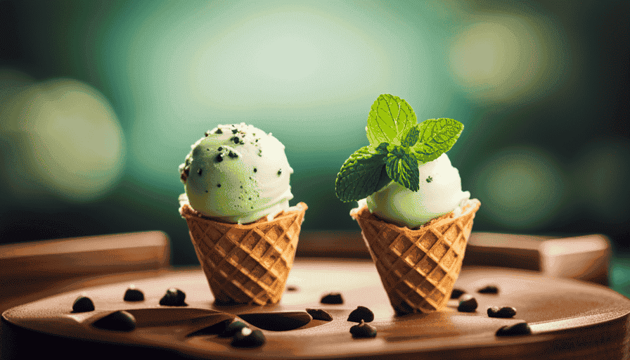 of pastel green ice cream atop a waffle cone, sprinkled with mint chips and topped with a sprig of fresh mint