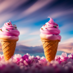 An image of an ice cream cone with sprinkles, with a swirl of clouds above it in a bright, summery sky
