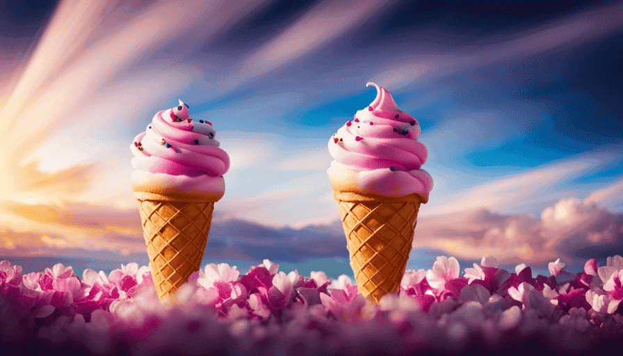 An image of an ice cream cone with sprinkles, with a swirl of clouds above it in a bright, summery sky