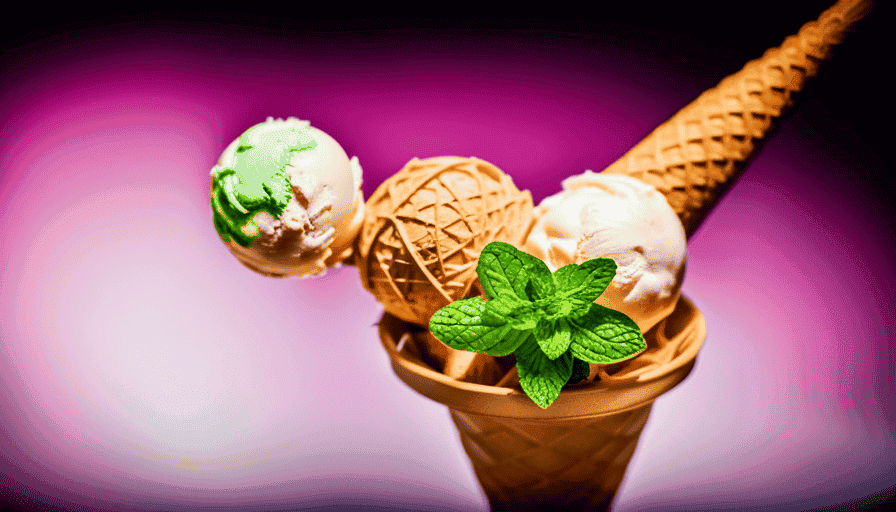 -up of an ice cream cone with a scoop of creamy, brightly-colored ice cream, topped with a sprig of fresh mint