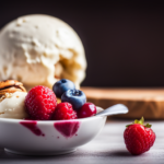 -up of a scoop of ice cream in a white bowl with toppings of fresh berries, nuts, and a drizzle of honey