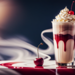 Glass overflowing with a thick, creamy milkshake, topped with a swirl of whipped cream and a cherry on top