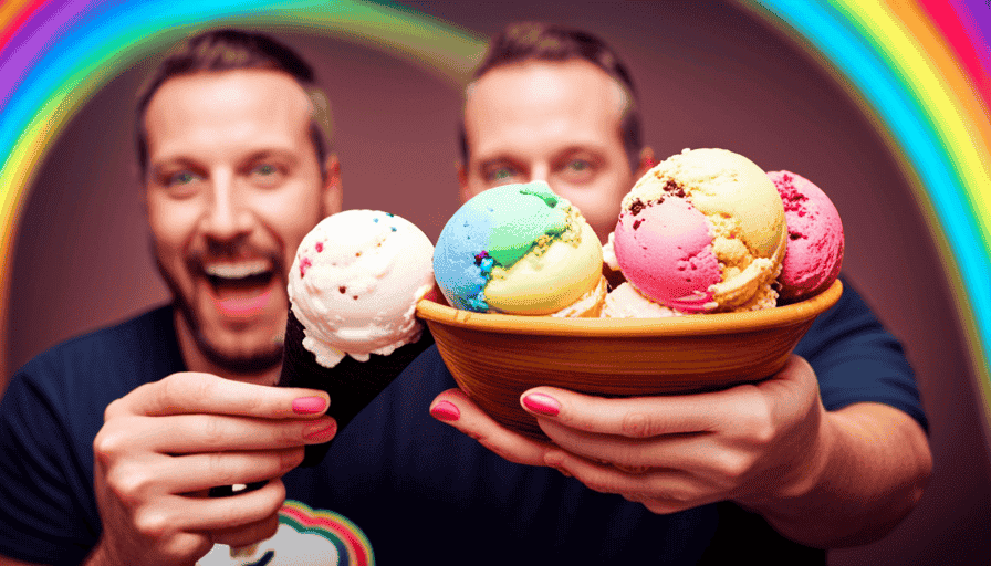 Ng person holding a double scoop of ice cream with a bite taken out of it, surrounded by a rainbow of sprinkles