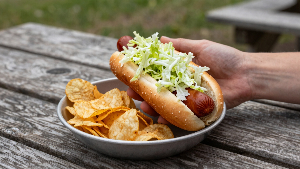 hot dogs with vinegared iceberg and potato chips