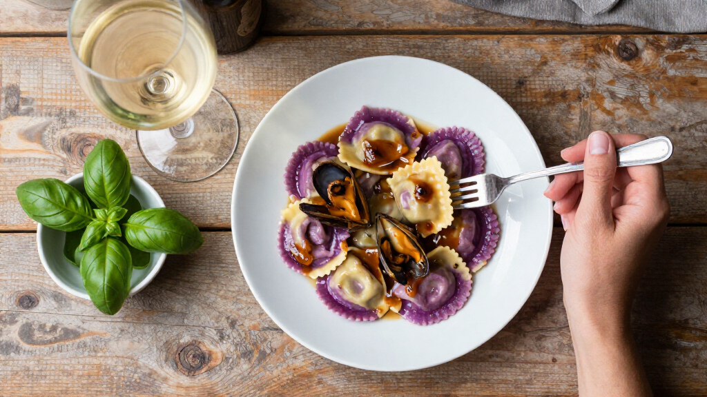 Ravioli Di Melanzane Con Salsa Di Cozze Al Caffè
